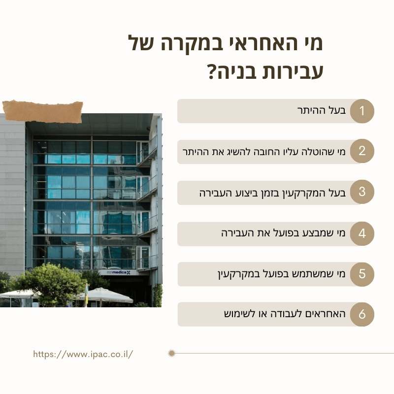 אינפוגרפיקה המסבירה מי נחשב אחראי במקרה של עבירות בנייה, כולל בעל ההיתר, הקבלן המבצע, המשתמש בנכס, והאחראים לשימוש או עבודה במבנה. קבלו ייעוץ מקצועי מ-IPAC בנושאי בנייה ועבירות.